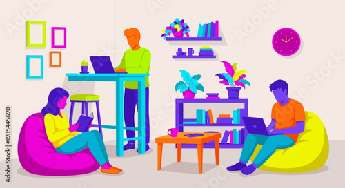 Diverse people working remotely in a modern co-working space.