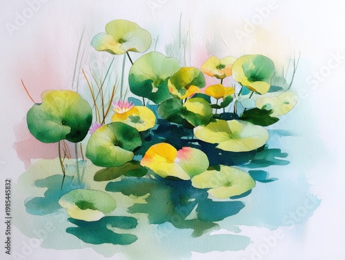 Gentle watercolor pond with floating lily pads