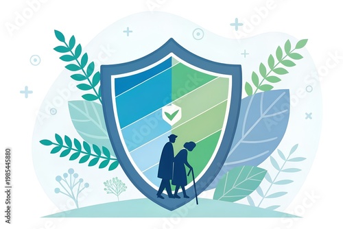 A shield with a green and blue design and a silhouette of an elderly couple walking together