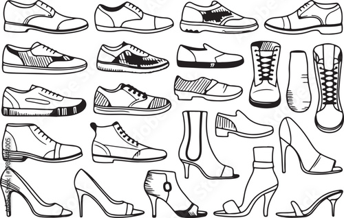 Collection of shoe types line art icons and outlines on transparent background, footwear variety.