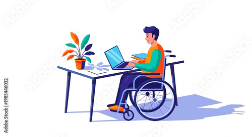 Man in wheelchair working on laptop at desk.