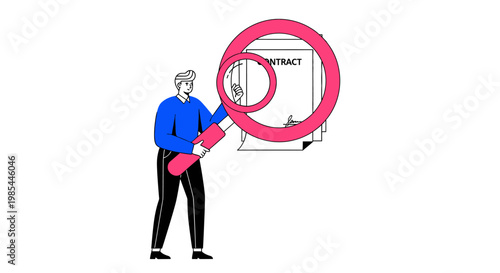 Man Inspecting Contract Document with Magnifying Glass.