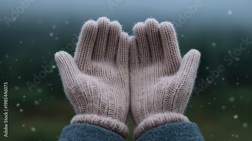 Gloved hands are held open outdoors with soft snowfall in the background. Image represents giving, receiving, hope, and humanitarian or winter support concepts.