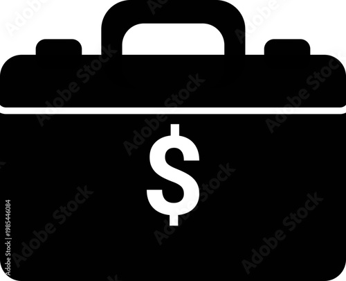 Black Briefcase Icon with Dollar Symbol, Professional Business Portfolio Vector Illustration, Financial Investment and Money Management Flat Graphic for Web