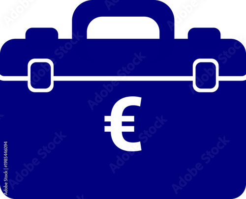 Minimalist euro briefcase icon, financial business symbol for banking, savings, trade, money transactions. Blue Briefcase Icon with Euro Symbol, Professional Business Portfolio Vector Illustration, Fi