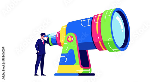 Man Looking Through Giant Colorful Telescope Discovering Future.