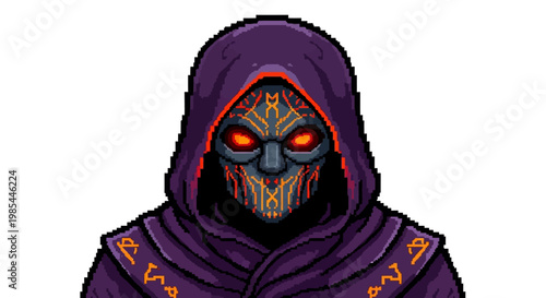 Mysterious hooded figure with glowing eyes and ornate mask.