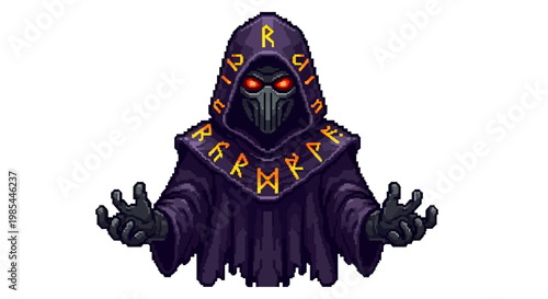 Mysterious hooded figure with glowing red eyes and runes.