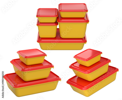 Stacked plastic food storage containers with black lids, isolated on white background, concept of organized storage
