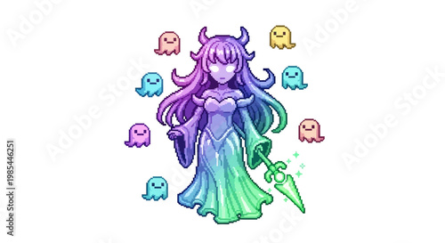 Mysterious Sorceress with Horns and Spectral Companions.