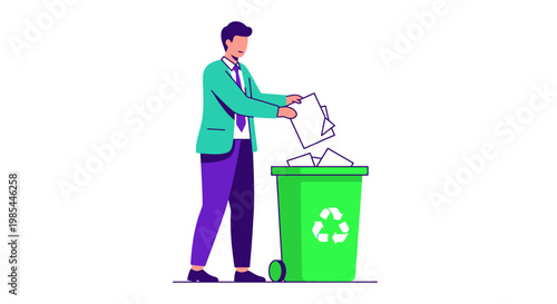 Man Disposing Paper into Green Recycling Bin.
