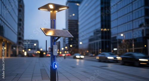 Modern urban street scene with illuminated electric scooter and high-rise buildings at dusk.