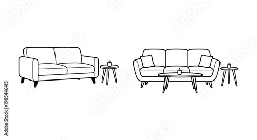 Living room furniture sets featuring sofas and coffee tables in clean line art vector illustration style