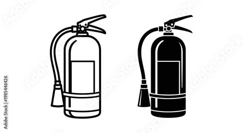 Portable fire extinguisher for emergency safety equipment depicted in detailed outline and solid black silhouette