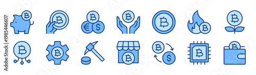 Crypto Finance solid icon set. Cryptocurrency, Financial Technology, Fintech, Digital Payment, Bitcoin concept. Blue vector icons collection.