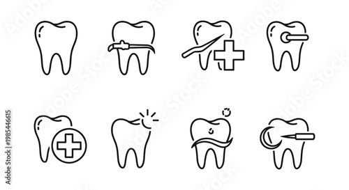 Dental care and orthodontics icon set for clinic branding and oral hygiene education in clean line art vector style