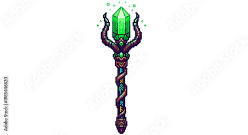 Mystical Emerald Crystal Staff with Ornate Handle.