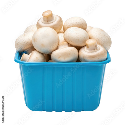 A collection of fresh white button mushrooms piled high inside a bright blue plastic container on transparent background
