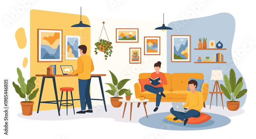 People enjoying a cozy living room with art.