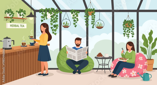 People enjoying a relaxing time in a greenhouse cafe.