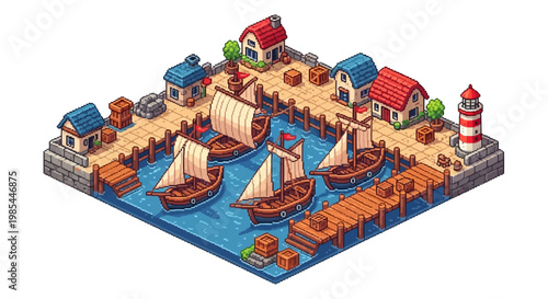 Isometric Harbor Village with Sailing Ships and Lighthouse.