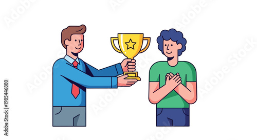 Man receives trophy from another man.