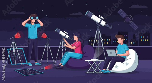 People observing stars with telescopes at night.