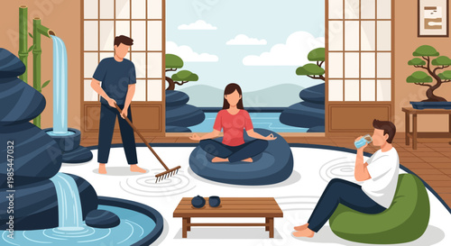 People practicing meditation and gardening in a serene zen garden.