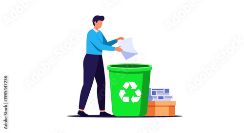 Man throwing paper into green recycling bin.