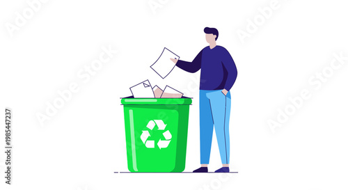 Man throwing paper into green recycling bin.
