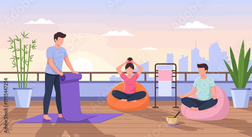 People practicing yoga and meditation on a rooftop terrace.