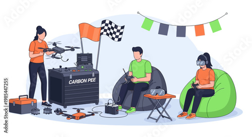 People enjoying drone racing hobby with equipment.