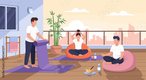 People practicing yoga on a balcony at sunrise.