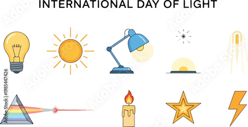 International Day of Light celebration featuring various light sources, including a sun, lamp, and candle