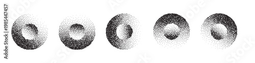 Stippled halftone texture with geometric dots creates abstract vintage circle. Monochrome pointillism effect features scattered elements perfect for retro artistic projects.