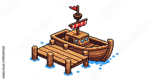Isometric Wooden Boat Docked at Pier Illustration.