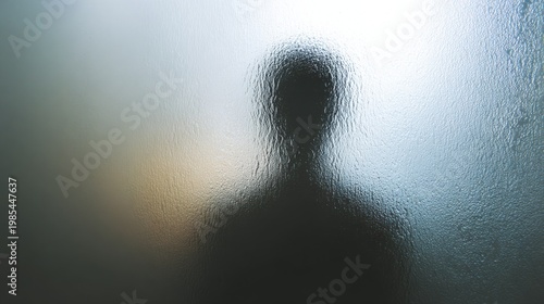 A mysterious figure's silhouette behind frosted glass, creating an atmosphere of enigma and suspense