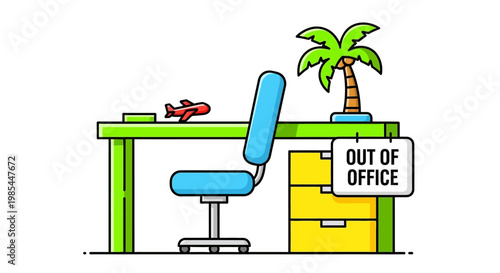 Office desk with vacation items and out of office sign.