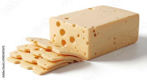 Swiss Cheese Block With Sliced Pieces On White Background For Food Concepts