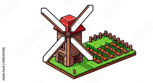 Isometric Wooden Windmill with Carrot Farm Illustration.
