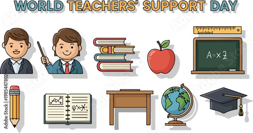 World Teachers' Support Day illustration icons of education, books, apple, blackboard, desk, globe, cap, and pencil