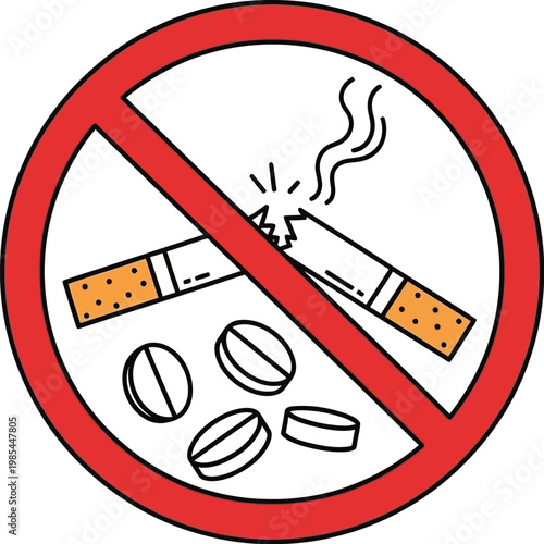 Illustration of a red forbidden sign with a broken cigarette and medication pills, representing anti-smoking and no drug policies.