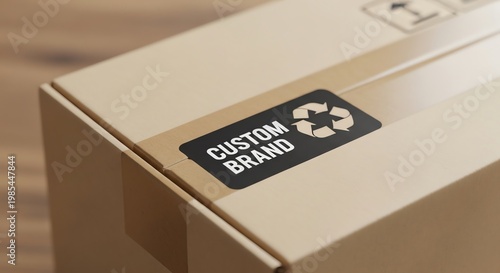 Close-up of a cardboard box with a custom brand label and recycling symbol on top.