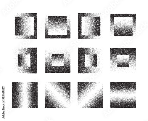 Abstract grainy gradient background featuring square patterns with stipple dots, retro halftone texture, and monochrome geometric noise effect elements