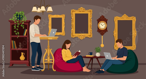 People working and reading in a cozy home office.