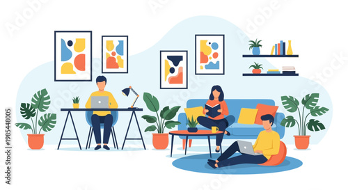 People working and relaxing in a modern home environment.