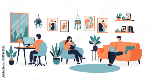 People working and relaxing in a modern home environment.