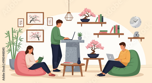 People working and relaxing in a modern home office.
