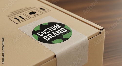 Close-up of a cardboard box with a custom brand label for packaging and shipping.