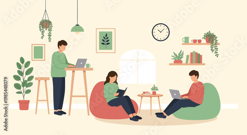 People working and reading in a cozy home office environment.